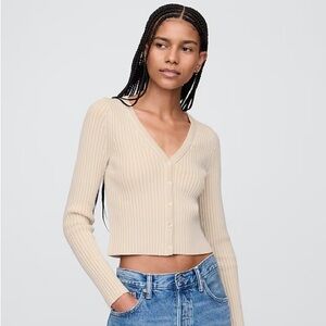 GAP Ribbed V-Neck Cropped Cardigan - Beige